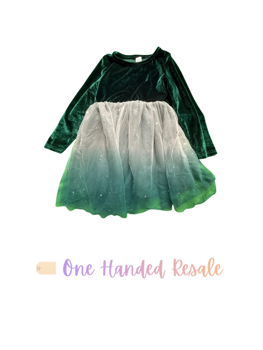 ⭐️ Green Velvet Tulle Ombre Formal Party Dress w/ Star Glitter Detail 5Y